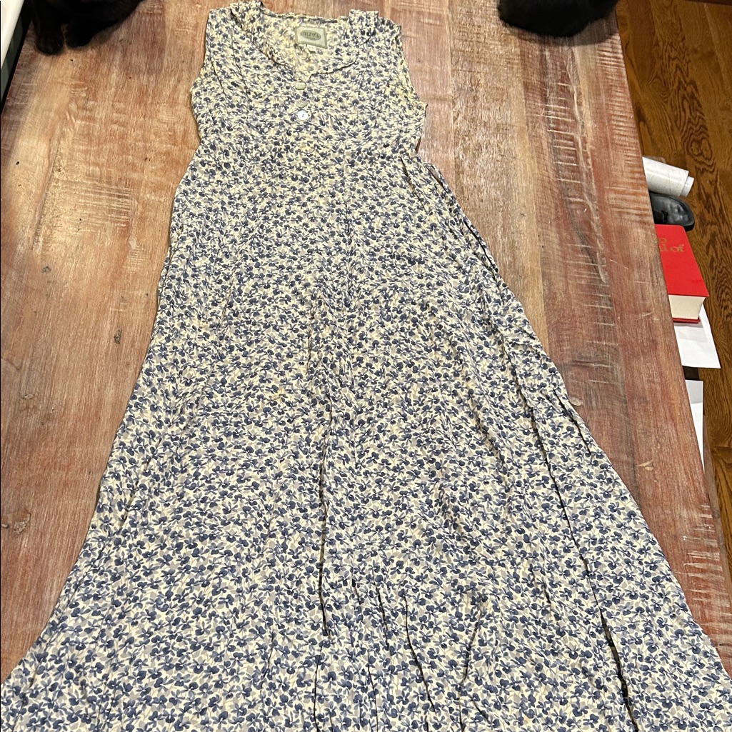 Vintage 1980s Olive Petite Periwinkle Print Maxi Dress From Koala Blue